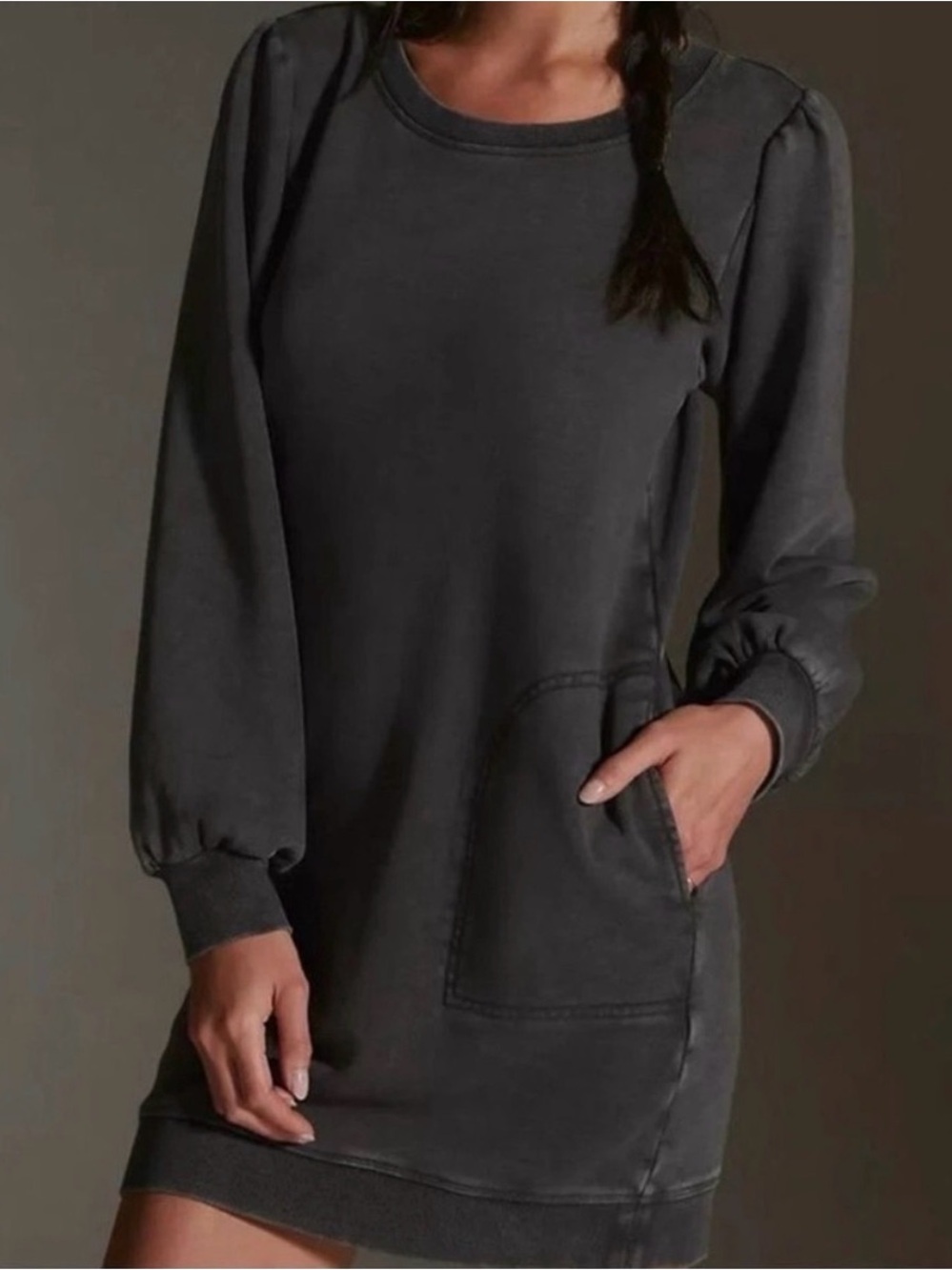 Daily Practice Charcoal Pullover Sweatshirt Dress with Balloon Sleeves
